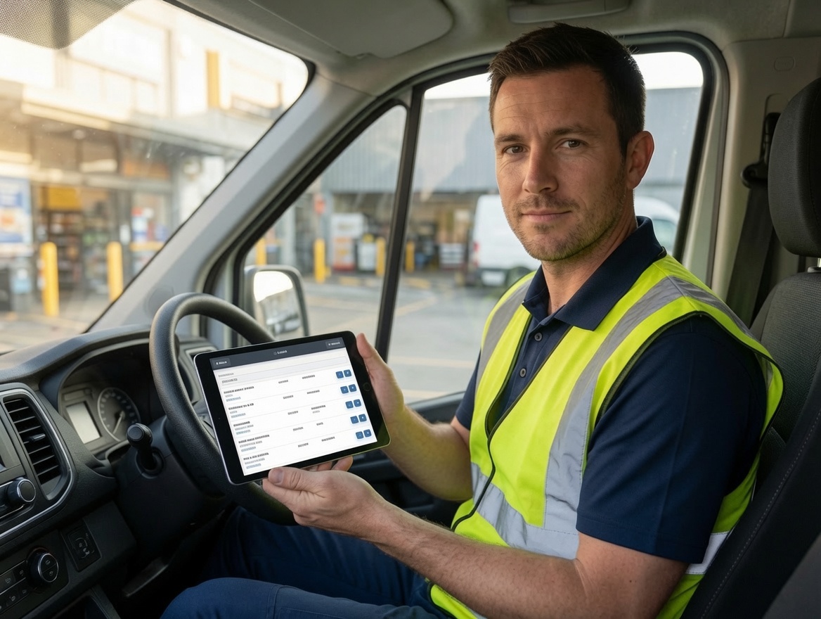 Driver performing GRV and on-route selling with mobile screen for goods received on vehicle, stop list, invoice/credit note, and ePOD capture