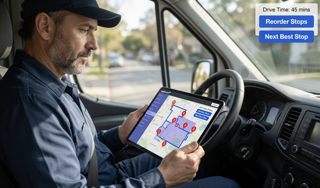 Route map and optimisation with ordered stops, drive-time estimates, territory overlay, and reorder controls